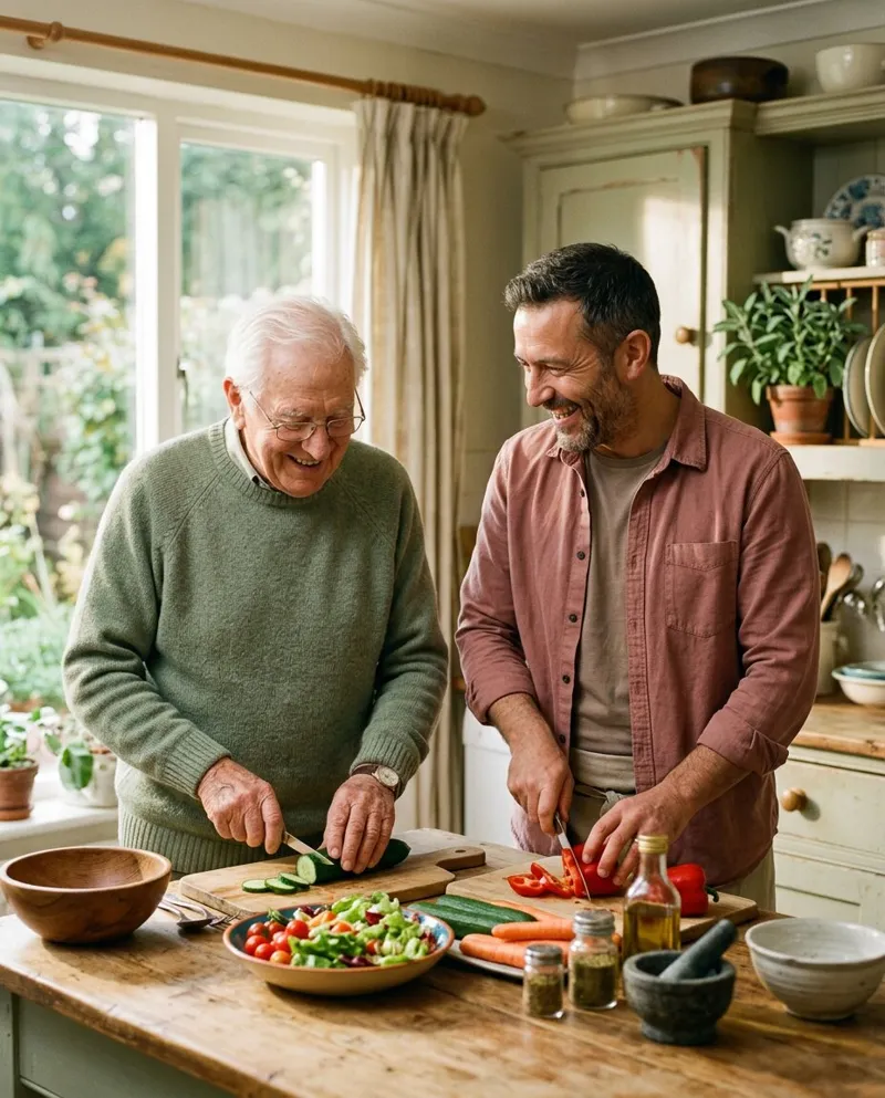 A caregiver and an elderly man preparing a healthy lunch together in a sunny kitchen