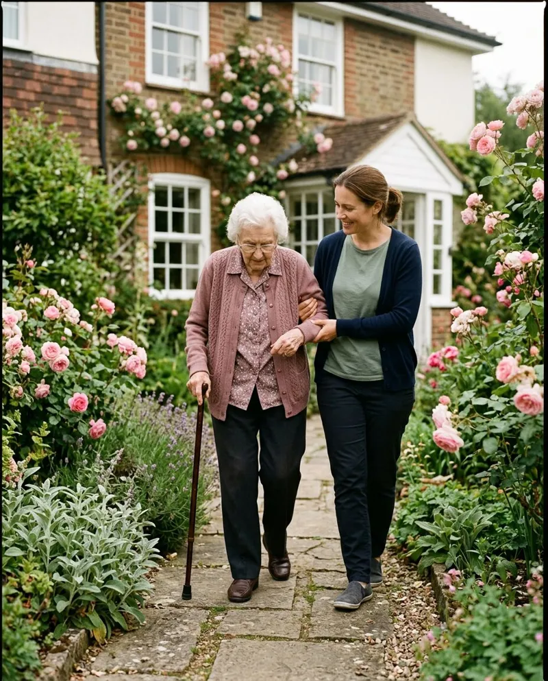 A caregiver walking arm in arm with an elderly woman along a rose-lined garden path
