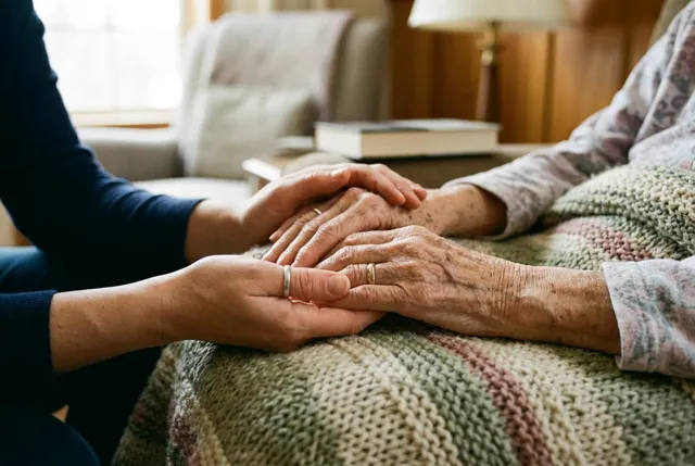 A caregiver gently holding an elderly person’s hands