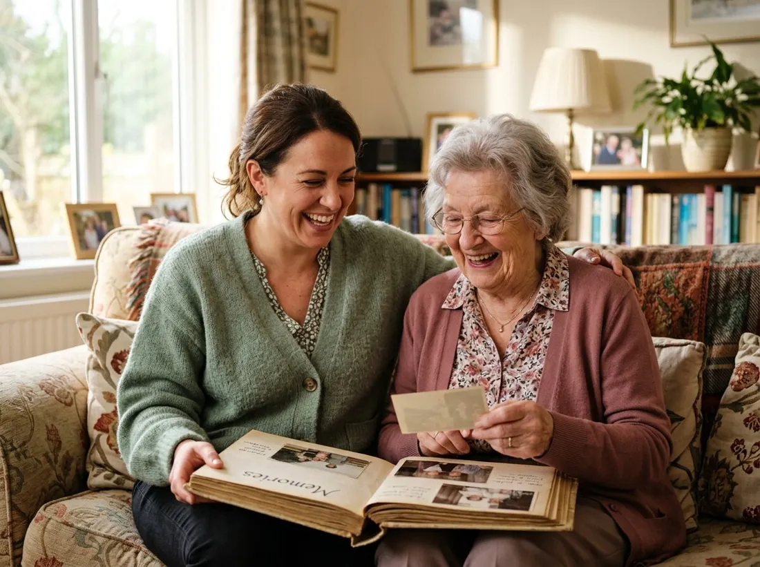 A CareFull caregiver laughing with an elderly woman as they look through a photo album together